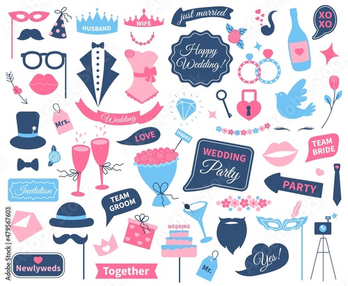 Wedding photo booth props, party accessories for weddings. Just married speech bubble, groom and bride decorations for parties vector set. Glasses with champagne, diamond rings and glasses