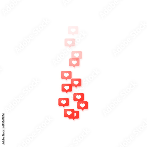 Flying hearts in a red bubble isolated on white background. A stream of hearts that gradually disappears. The concept of social networks and live broadcasts.