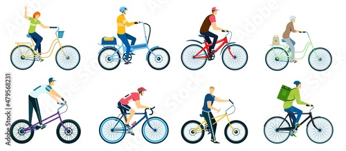 People cycling, characters riding bicycles, cyclists on bikes. Men and women biking in park, bicycle riders, delivery man on bike vector set. Female and male people doing healthy activity photo