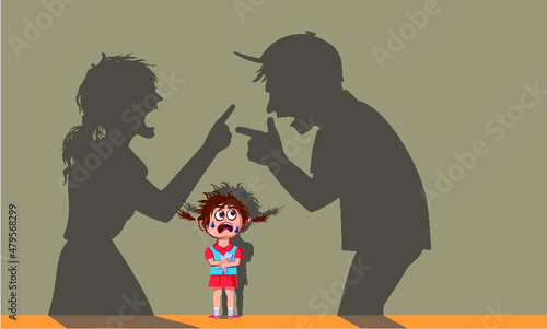 A crying child on the background of a family drama. The silhouette of a family conflict.