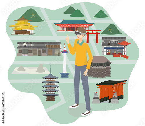 VRを使って京都を観光する男性