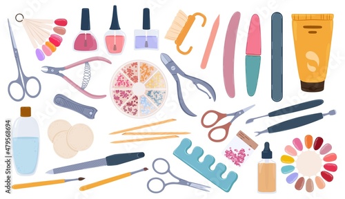Manicure and pedicure tools or accessories, nail salon supplies. Hand cream, polish samples, files, scissors, nails care elements vector set. Equipment for hand and foot care and treatment