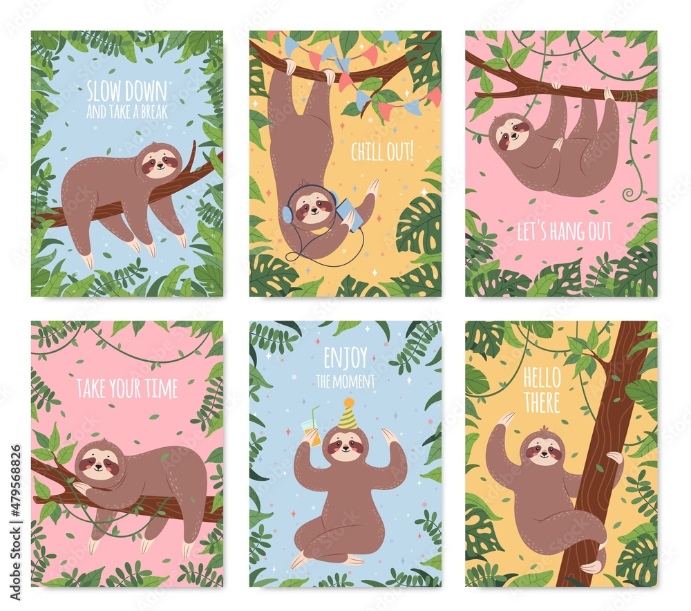 Fototapeta premium Cartoon sloth card, happy sloths sleeping or hanging from tree. Cute posters with sleepy lazy animal characters and funny phrases vector set. Congratulation birthday text greeting cards