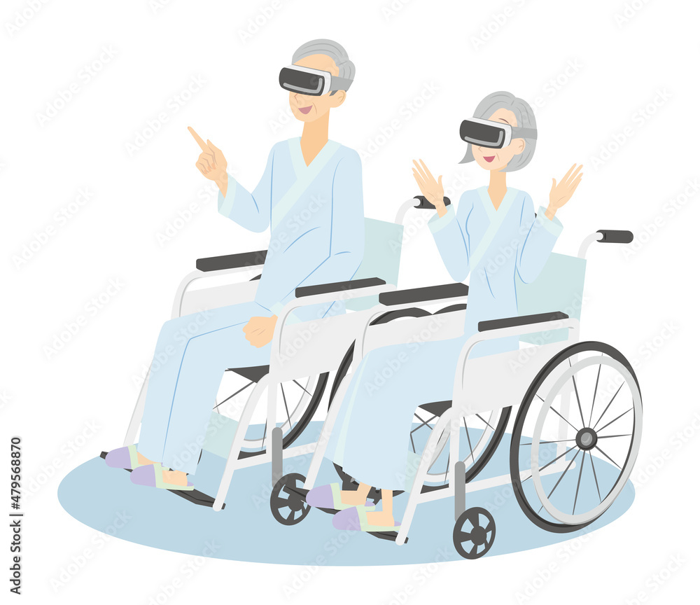 入院中に車椅子に座りVRを使って楽しむシニアの男女 入院中に車椅子に座りVRを使って楽しむシニアの男女