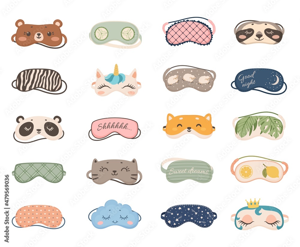 bælte Typisk ledsager Cute sleeping masks with animals and patterns, night eye mask. Cartoon sleep  accessories for dreaming, nightwear pajama elements vector set. Bedtime  relaxation and rest, comfortable blindfold Stock Vector | Adobe Stock
