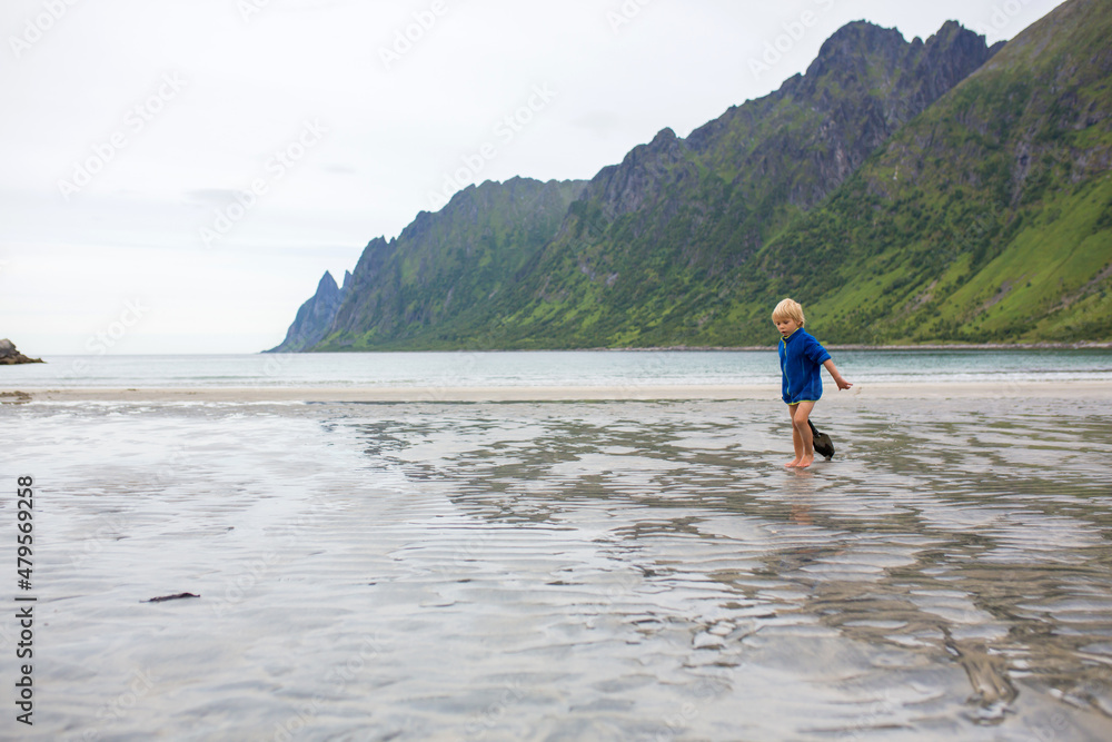 Children, playing on Ersfjords beach in Senja on a summer day, running and jumping in the sand and water, northern Norway