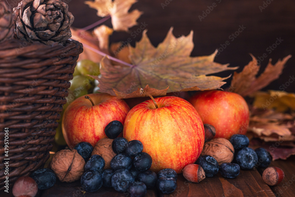 Still life of fruits and berries on a wooden table