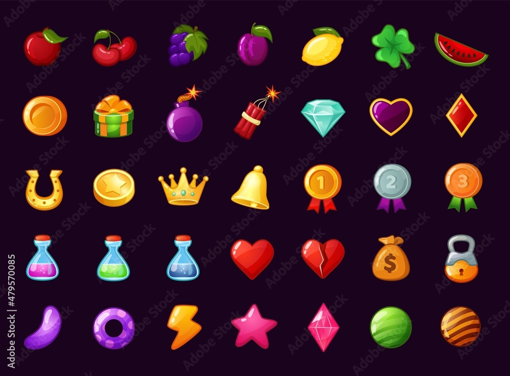 Cartoon gui game icon, mobile gaming app interface elements. Magic potions, heart, money bag, fruits, casino slot machine app icon vector set. Application isolated elements for entertainment - obrazy, fototapety, plakaty 