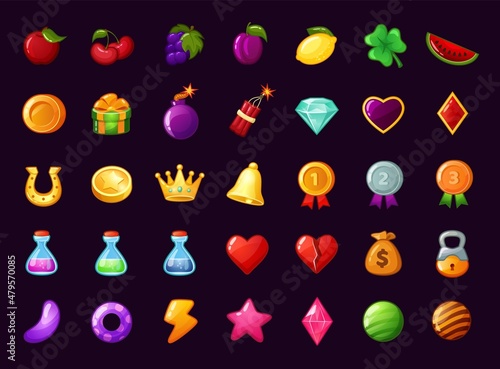 Cartoon gui game icon, mobile gaming app interface elements. Magic potions, heart, money bag, fruits, casino slot machine app icon vector set. Application isolated elements for entertainment