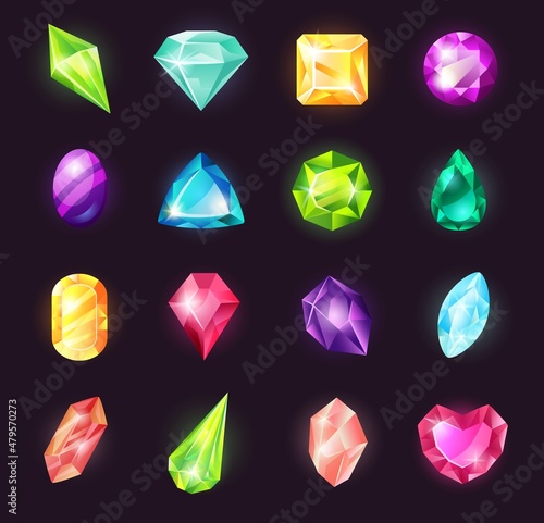 Cartoon gemstones, magic crystals, jewel stone, precious gems. Shiny magical stones for game design, diamond gem, jewelry crystal vector set. Multicolor objects of different shapes for gui game photo