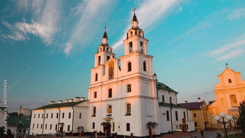 Minsk, Belarus. Cathedral Of The Holy Spirit During Sunset Time. Historic Area Nemiga.