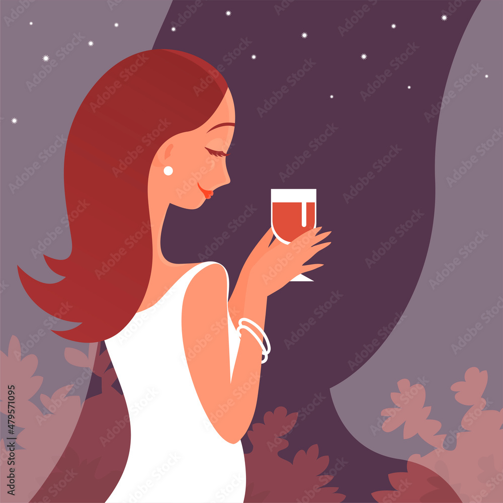 Beautiful young woman with a glass of red wine. Alcoholic grape drink. Enjoys rest against the background of the starry sky. Elegant clothes. Vector cartoon illustration Beautiful young woman with a glass of red wine. Alcoholic grape drink. Enjoys rest against the background of the starry sky. Elegant clothes. Vector cartoon illustration