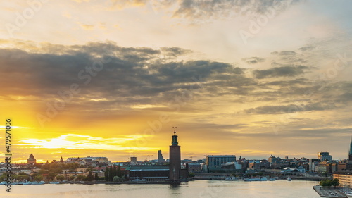 Stockholm, Sweden. Skyline Cityscape Famous View Of Old Town Gamla Stan In Summer Evening. Famous Popular Destination Scenic UNESCO World Heritage Site. Popular City Hall, Riddarholm Church In Sunset.