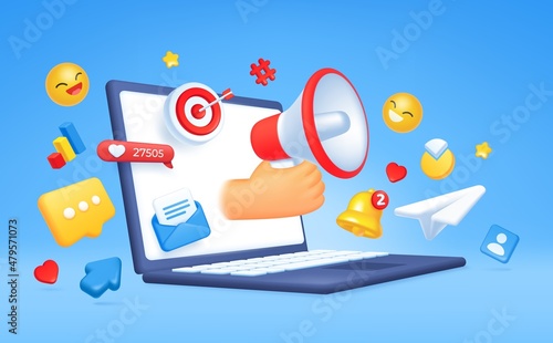 3d digital marketing, social media and online communication concept. Targeted advertising, internet business promotion vector illustration. Laptop with networking site icons as megaphone, notification
