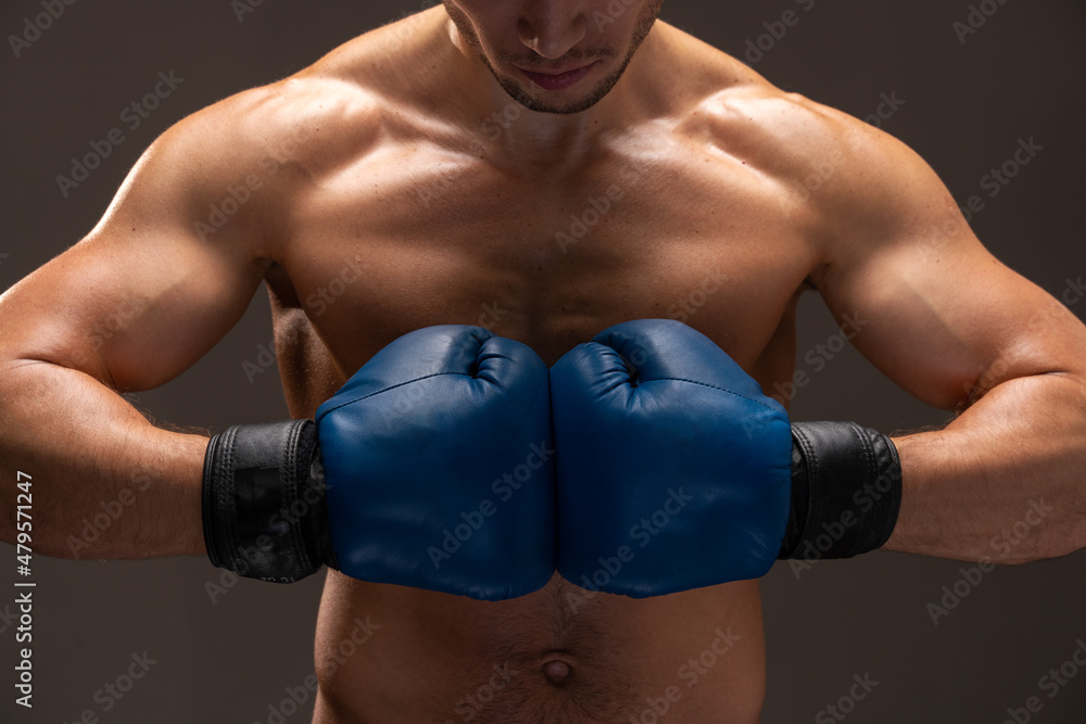 Cropped view of the sportsman boxer fighting in gloves in boxing cage isolated on black background. Stock photo