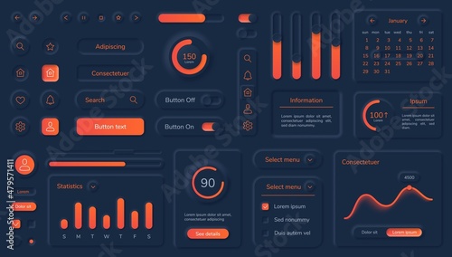 Dark neumorphic user interface elements with neon buttons and bars. Black neumorphism style dashboard design, mobile app ui kit vector set. Different charts, week statistics template photo