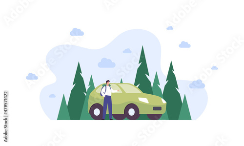 Tourism and road trip concept. Vector flat people illustration. Male tourist with backpack standing near car on abstract forest background. Design for nature park trekking journey.
