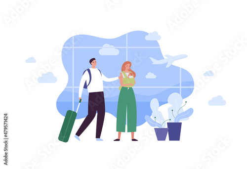 Tourism and airplane travel concept. Vector flat people illustration. Couple of man with luggage and woman hold baby in sling on hands on airport window with plane background.