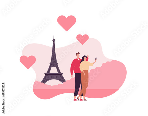 Tourism and famous place travel concept. Vector flat people illustration. Couple of man with woman make selfie on eiffel tower background. Heart shape love symbol. Design for romantic valentine day.