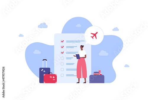 Tourism and air plane travel concept. Vector flat people illustration. African female tourist with document in hands on checklist background. Luggage, airplane, suitcase symbol.