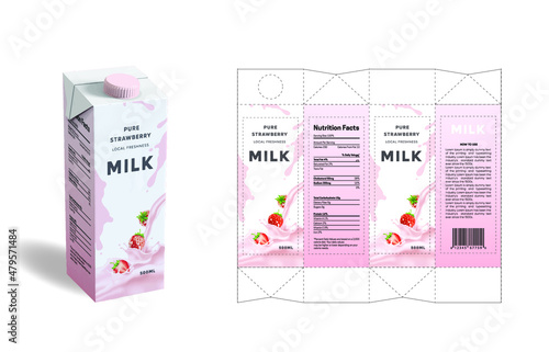 Strawberry milk product packaging design template with 3d mockup example. Healthy, modern, strawberry, milk gradient, watercolor. Box packaging, labeling, die line, die-cut, alignment line.
