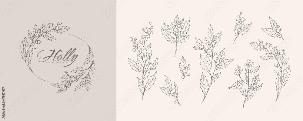 Fototapeta premium Holly Floral logo and branch set. Hand drawn line winter plant, herb with elegant leaves for christmas invitation, save the date card. Botanical rustic trendy greenery