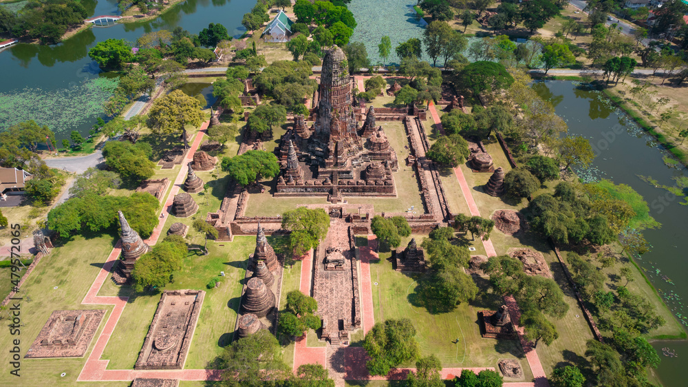 Aerial view from a drone of Wat Phra Ram at Ayutthaya Historical Park, Thailand, an ancient site or landmark that has been considered by UNESCO as a World Heritage Site.