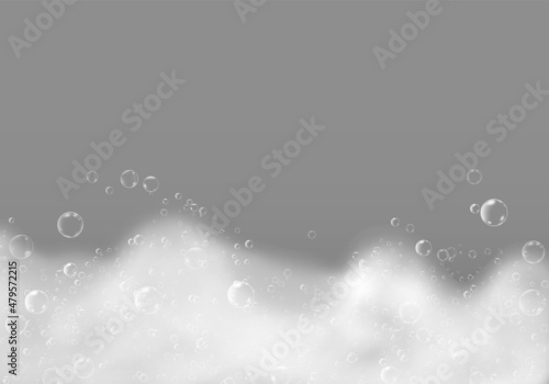 Bath foam shampoo bubbles isolated on transparent background. White clean soap texture. Vector illustration