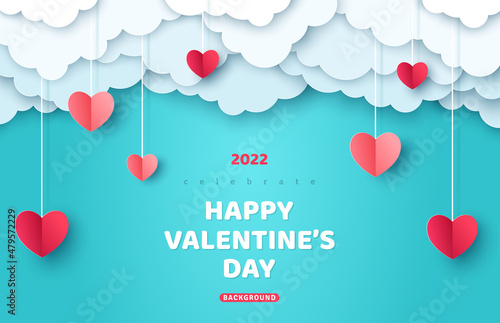 Poster or banner with blue sky and paper cut clouds. Place for text. Happy Valentine's day sale header or voucher template with hanging hearts.