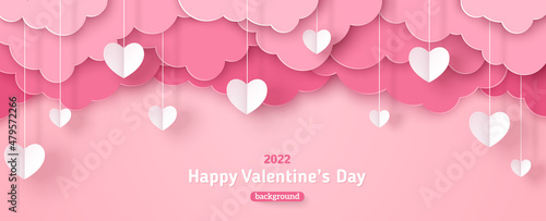 Happy Valentine's day sale header or voucher template with white hanging hearts. Poster or banner with pink paper cut clouds. Place for text.