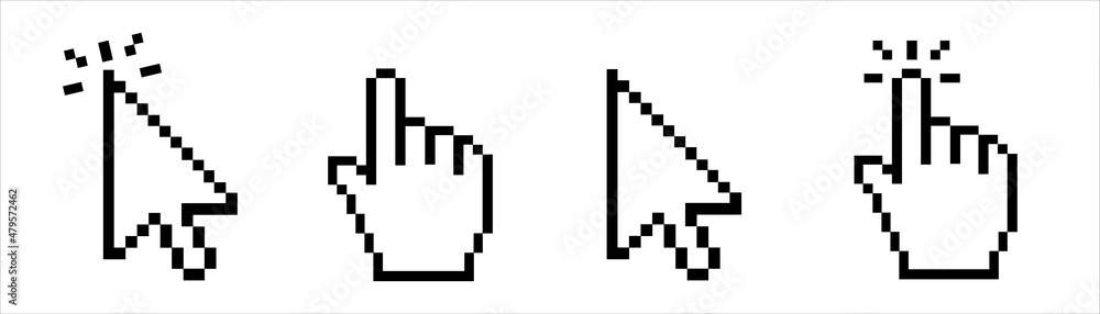 Pointer icons. Cursor design, a computer mouse and a hand with a finger up. The texture of geometric shapes, rectangles and squares. Vector illustration.