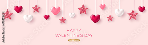 Happy Saint Valentine's day card, hanging pink, white and red hearts on rose background. Glamour shimmer stars. Place for text. Long banner, sale header, voucher template. Magic love creative concept