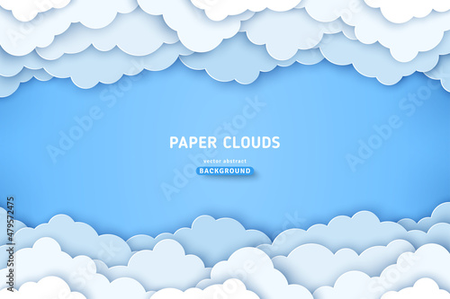 Beautiful cotton clouds, white frame border on blue sky background. Vector illustration. Paper cut style. Place for text