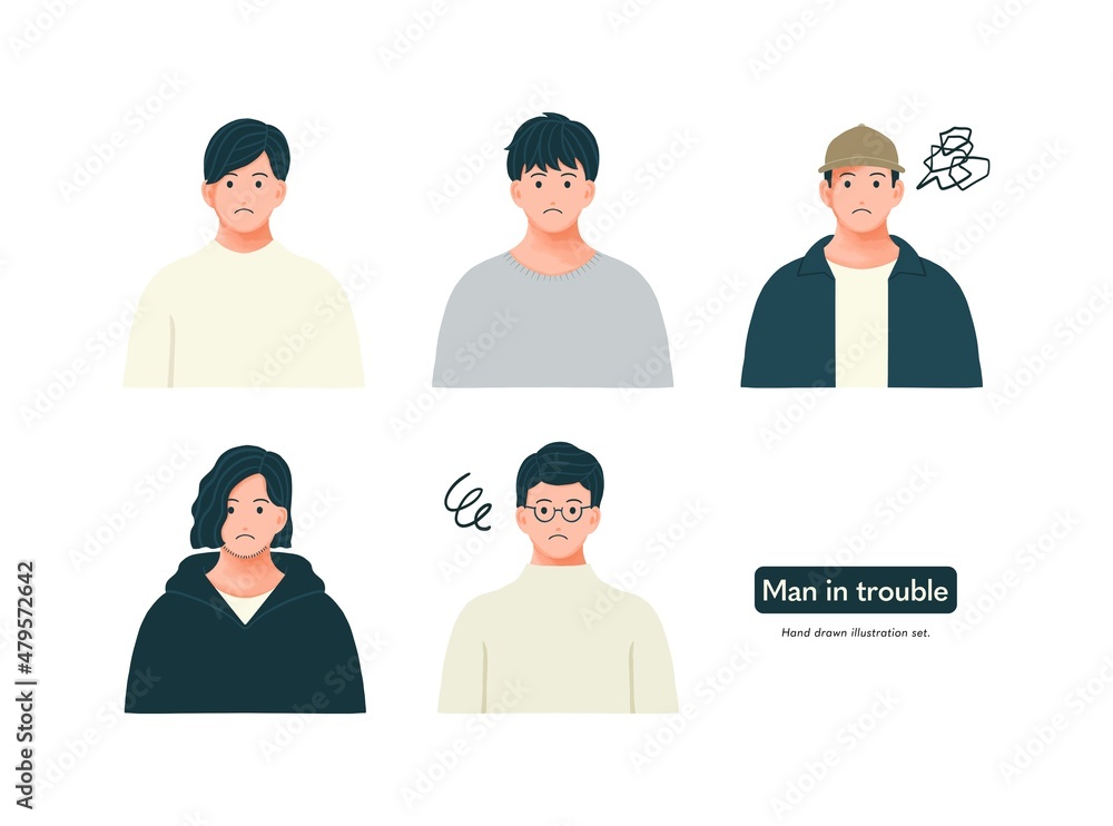困っている、考えている男性のイラストセット アイコン 困っている、考えている男性のイラストセット アイコン
