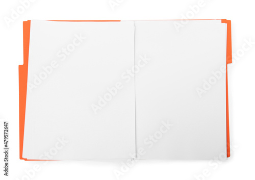 Orange file with blank sheets of paper isolated on white, top view. Space for design