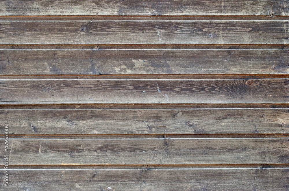 Textured Horizontal Timber Planks on Weathered Exterior of Building in Close Up