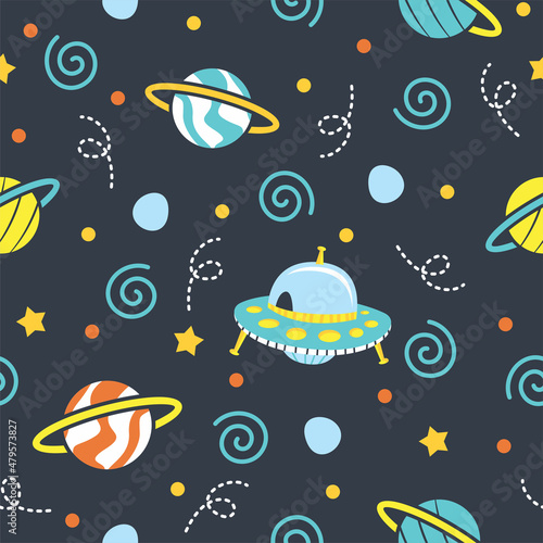 Galaxy with ufo illustration pattern design
