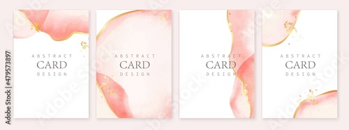 Set of romantic pink watercolor cards, backgrounds. Liquid abstract forms, golden foil texture.