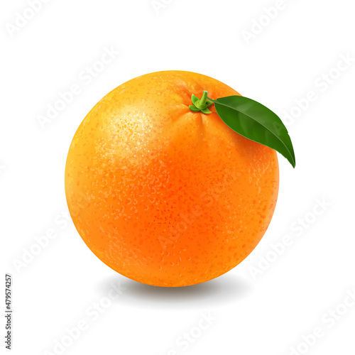 Fresh orange realistic fruit with green leaf. 3d vector isolated