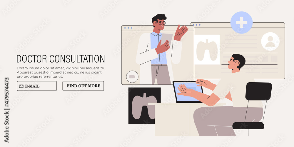 Patient having conversation or video call with doctor. Modern health care services and online telemedicine concept. Flat cartoon vector illustration. Online medical consultation.