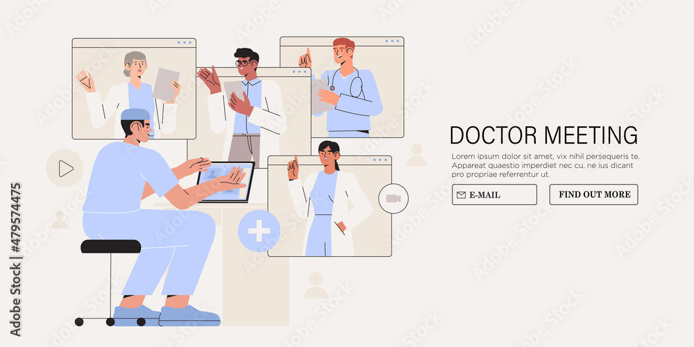 Diverse expert team of doctors in web browser windows discuss medicine healthcare issues concept. Online medical consensus. Global doctors web conference, emergency medical crisis video. Diverse expert team of doctors in web browser windows discuss medicine healthcare issues concept. Online medical consensus. Global doctors web conference, emergency medical crisis video.