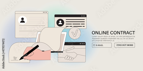 Man hand put esignature into legal document on smartphone screen. Digital signature concept. Businessman sign an electronic agreement or contract online. Vector illustration in flat cartoon style. photo