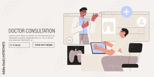 Patient having conversation or video call with doctor. Modern health care services and online telemedicine concept. Flat cartoon vector illustration. Online medical consultation.