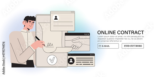 Man put esignature into legal document on smartphone screen. Digital signature concept. Businessman sign an electronic agreement or contract online. Business vector illustration in flat cartoon style.