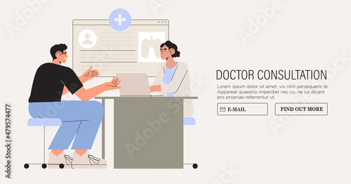Patient having conversation with doctor in private clinic. Modern health care services concept. Flat cartoon vector illustration of man at the doctor's appointment sit and talk at the table in office. photo