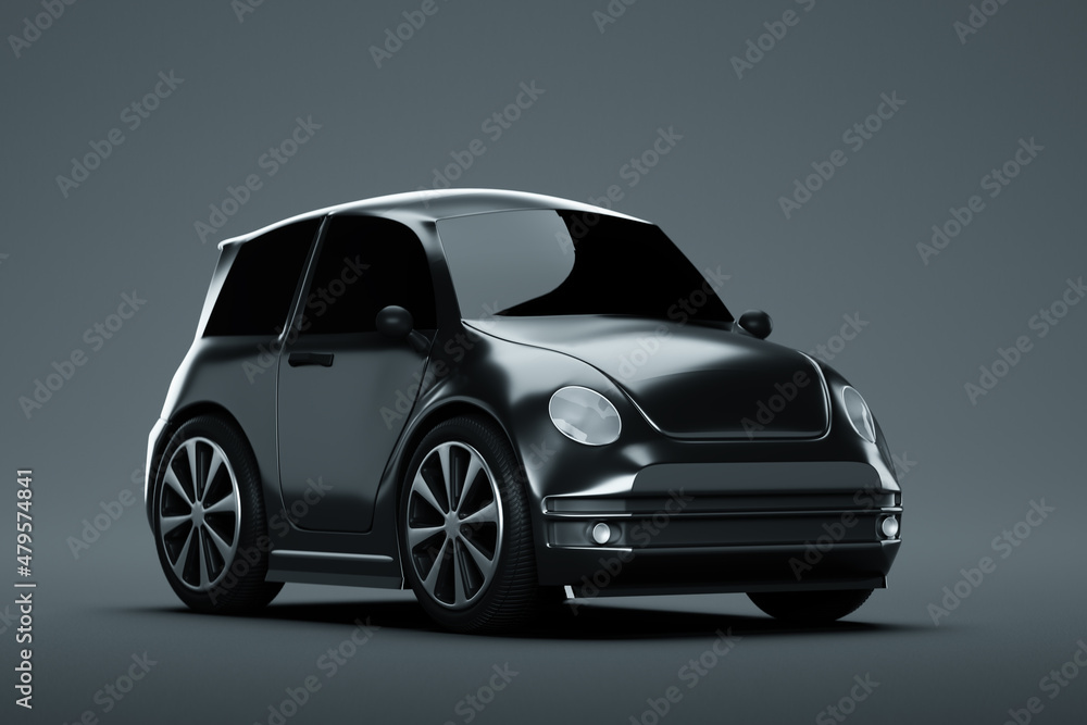 3D model of a mini car, studio shooting, gray background. The concept of car service, repair, purchase, car loan. 3D illustration, 3D render.