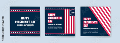 US President s Day greeting card displayed with the national flag of the United States of America. Social media templates for US president s day.
