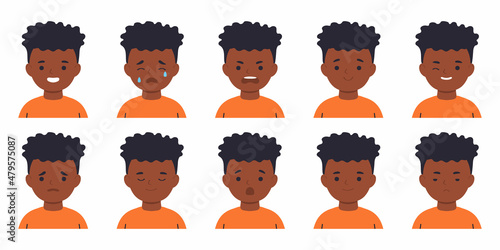 Set of children's Avatars. Afro boy. Different emotions.Flat Vector illustration.