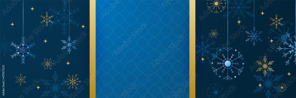 Fototapeta premium Snowy Dark Blue Snowflake design template banner