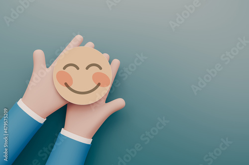 Hand holding  paper cut happy smile face, Positive thinking, Mental health assessment, World mental health day concept, 3d rendering illustration	